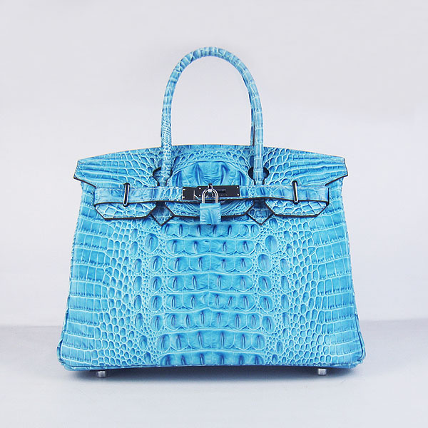 Replica Hermes Birkin 30CM Crocodile Head Veins Bag Light Blue 6088 On Sale